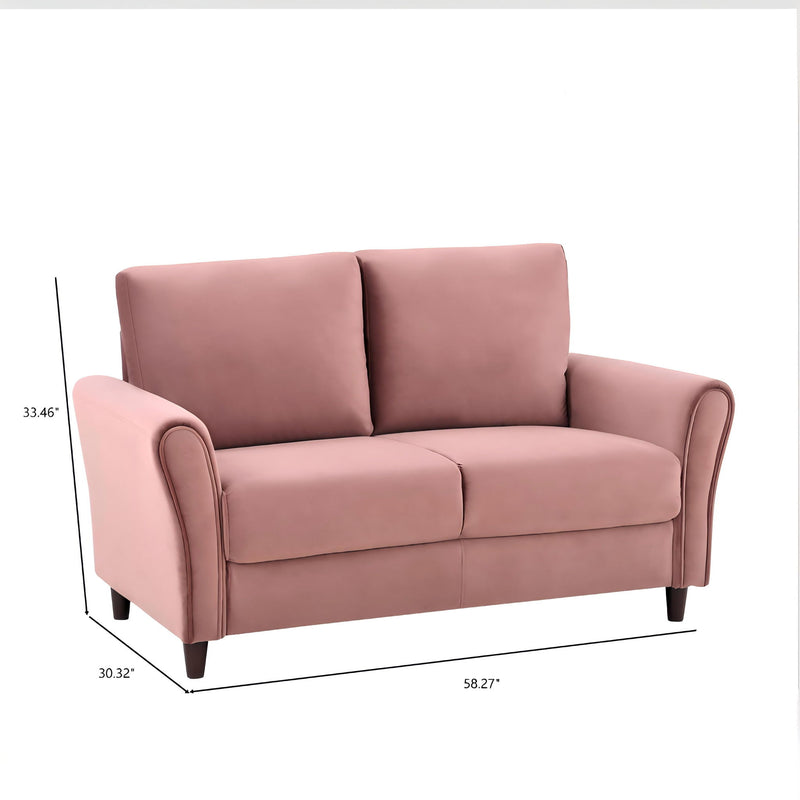 Pink curved-arm loveseat sofa with dimension markers and two-panel backrest