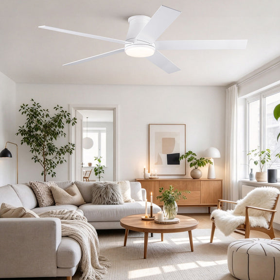 Flush-mount ceiling fan with light, white housing and multi-blade design