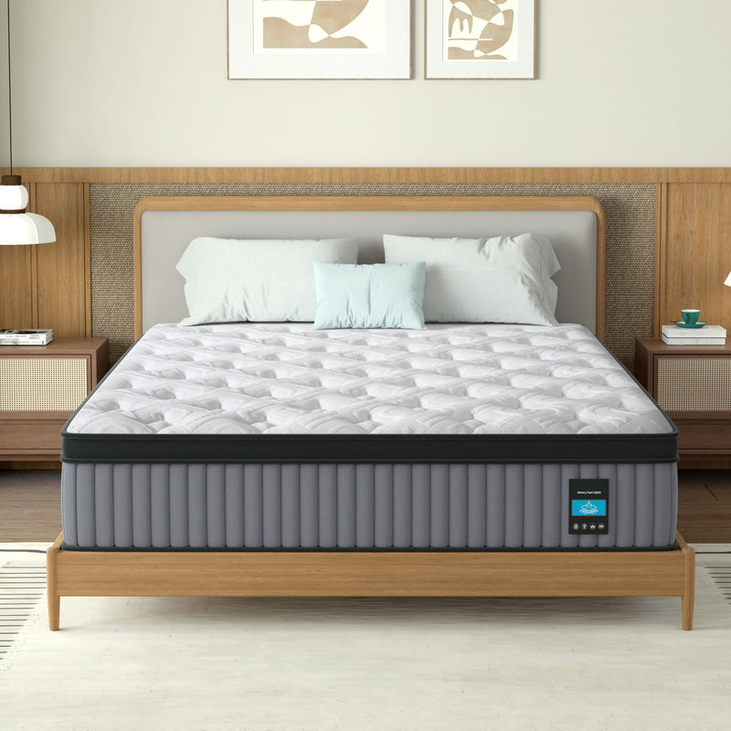 14" King Hybrid Mattress, Memory Foam & Pocket Spring Bed, Cooling, Pressure Relief, Back & Hip Support - Gray / White