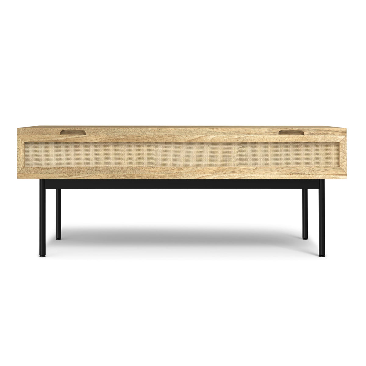 Natural wood coffee table with black metal legs and recessed handle cutouts