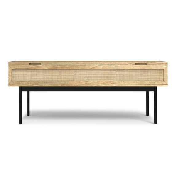 Natural wood coffee table with black metal legs and recessed handle cutouts