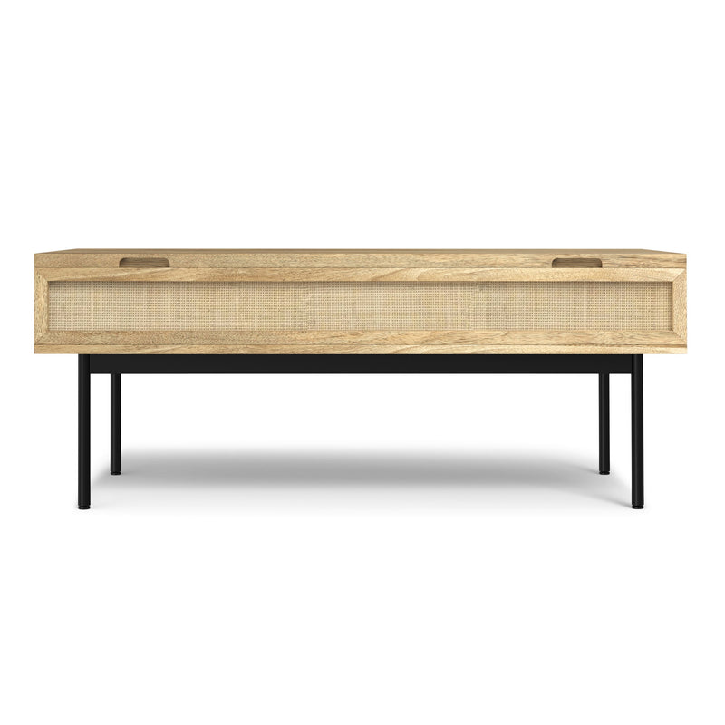 Natural wood coffee table with black metal legs and recessed handle cutouts