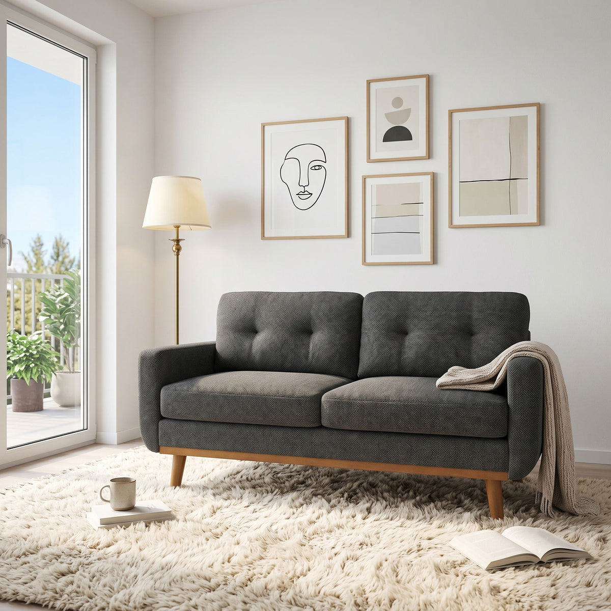 Dark gray two-seat sofa with tufted back cushions and wood legs