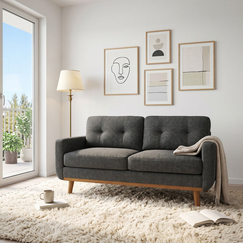 Dark gray two-seat sofa with tufted back cushions and wood legs