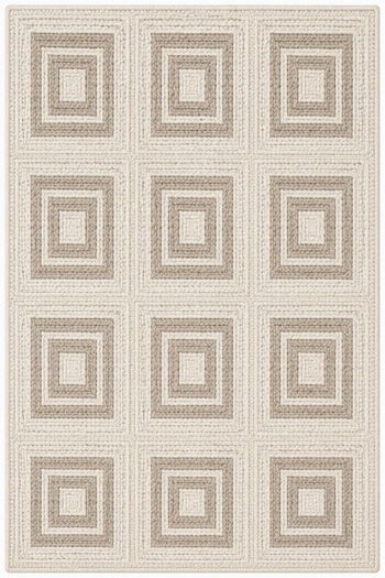 Beige indoor/outdoor rug with square geometric pattern