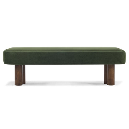 Green upholstered dining bench with rounded seat and dark wood block legs