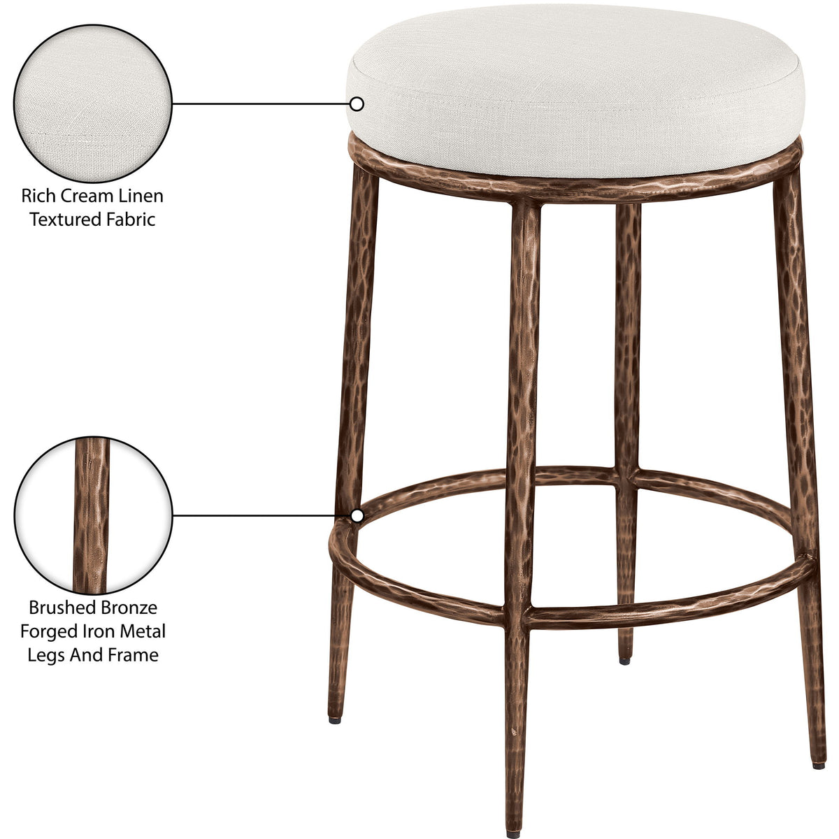 Ferro - Linen Textured Performance Fabric Upholstered Backless Counter Stool - Cream / Brushed Bronze