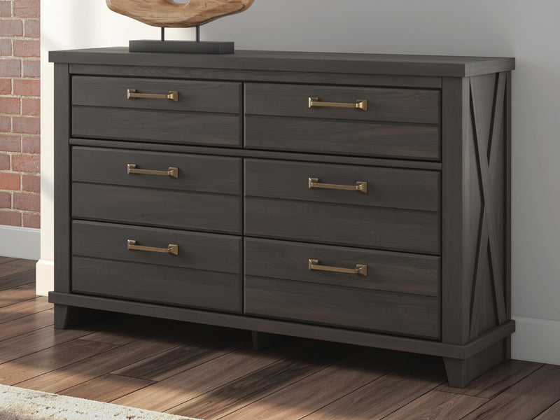 Dark brown six-drawer dresser with brass-tone pulls and X-braced side panels