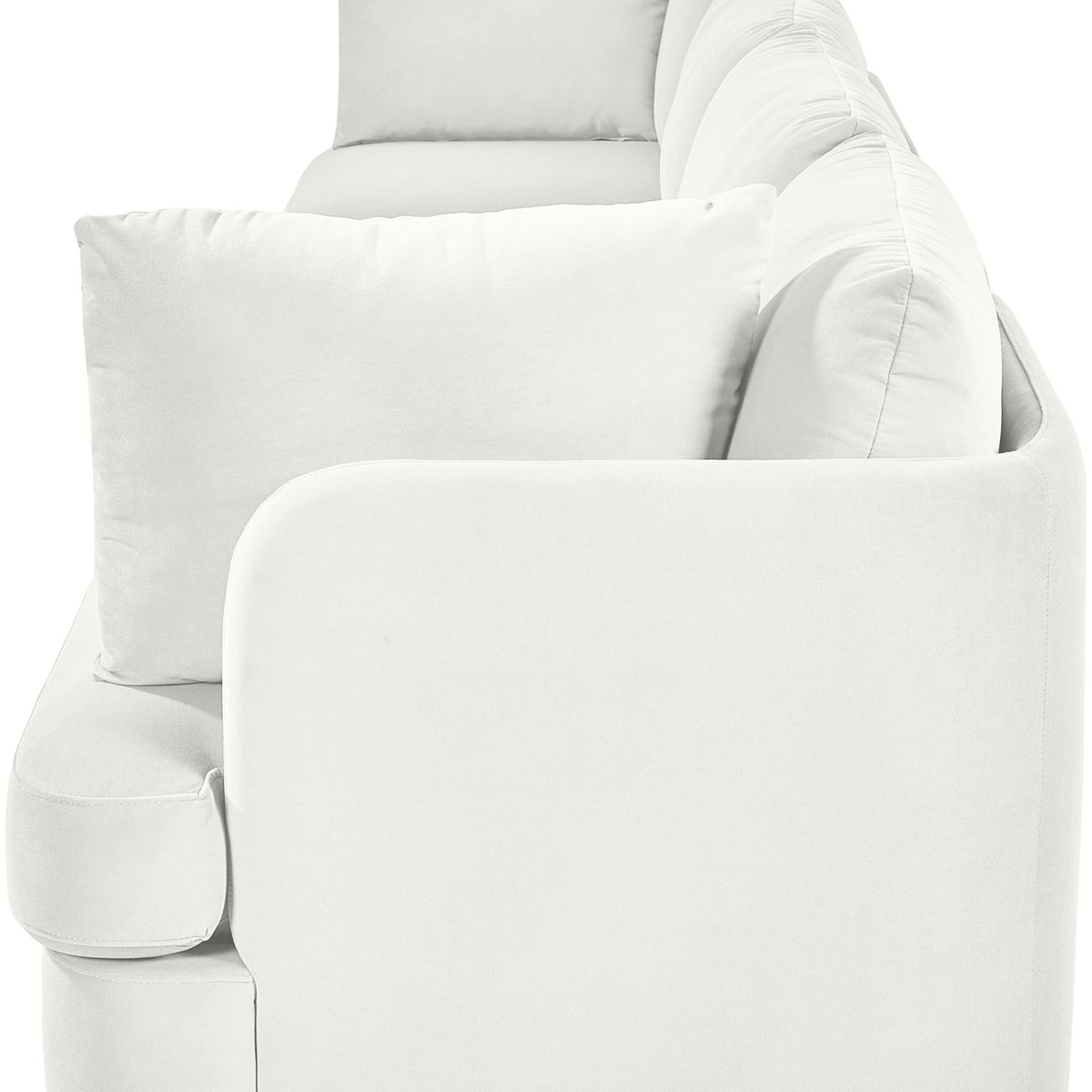 White velvet performance fabric modular sofa with rounded arms and back cushions