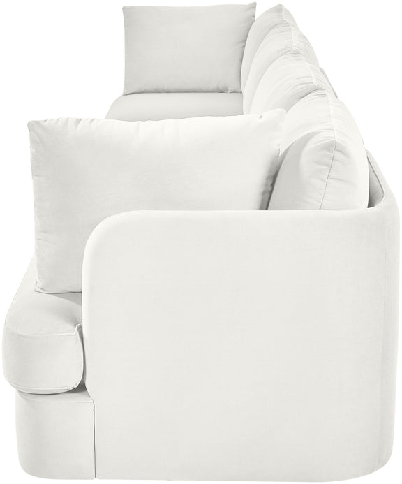 White velvet performance fabric modular sofa with rounded arms and back cushions