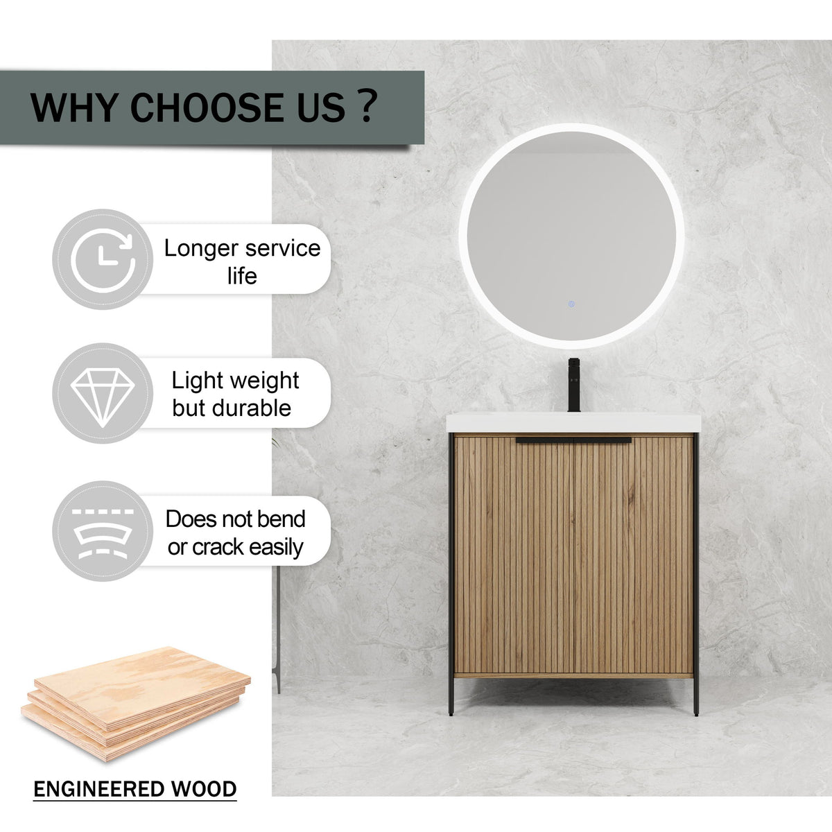 Modern Freestanding Bathroom Vanity With Resin Sink & Soft Close Cabinet Doors