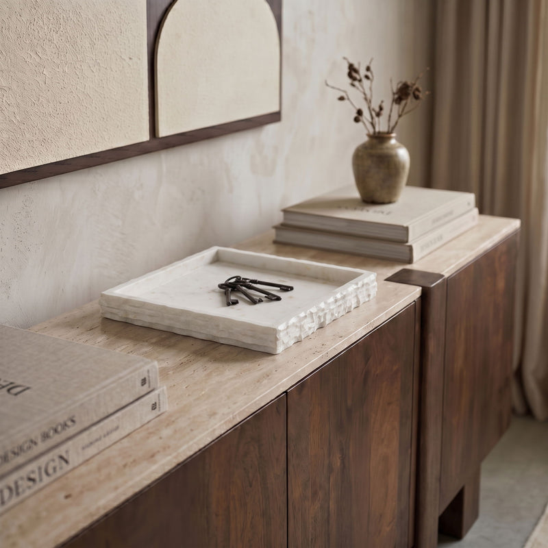 Genuine marble tray on a console with rectangular rim and warm tan veined stone.