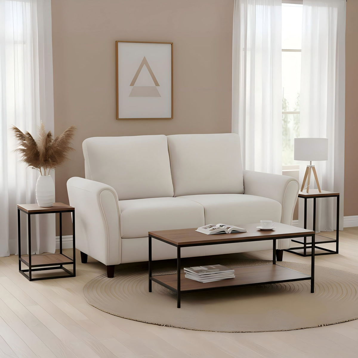 Beige curved-arm loveseat sofa with padded arms, two seat cushions, and back cushions