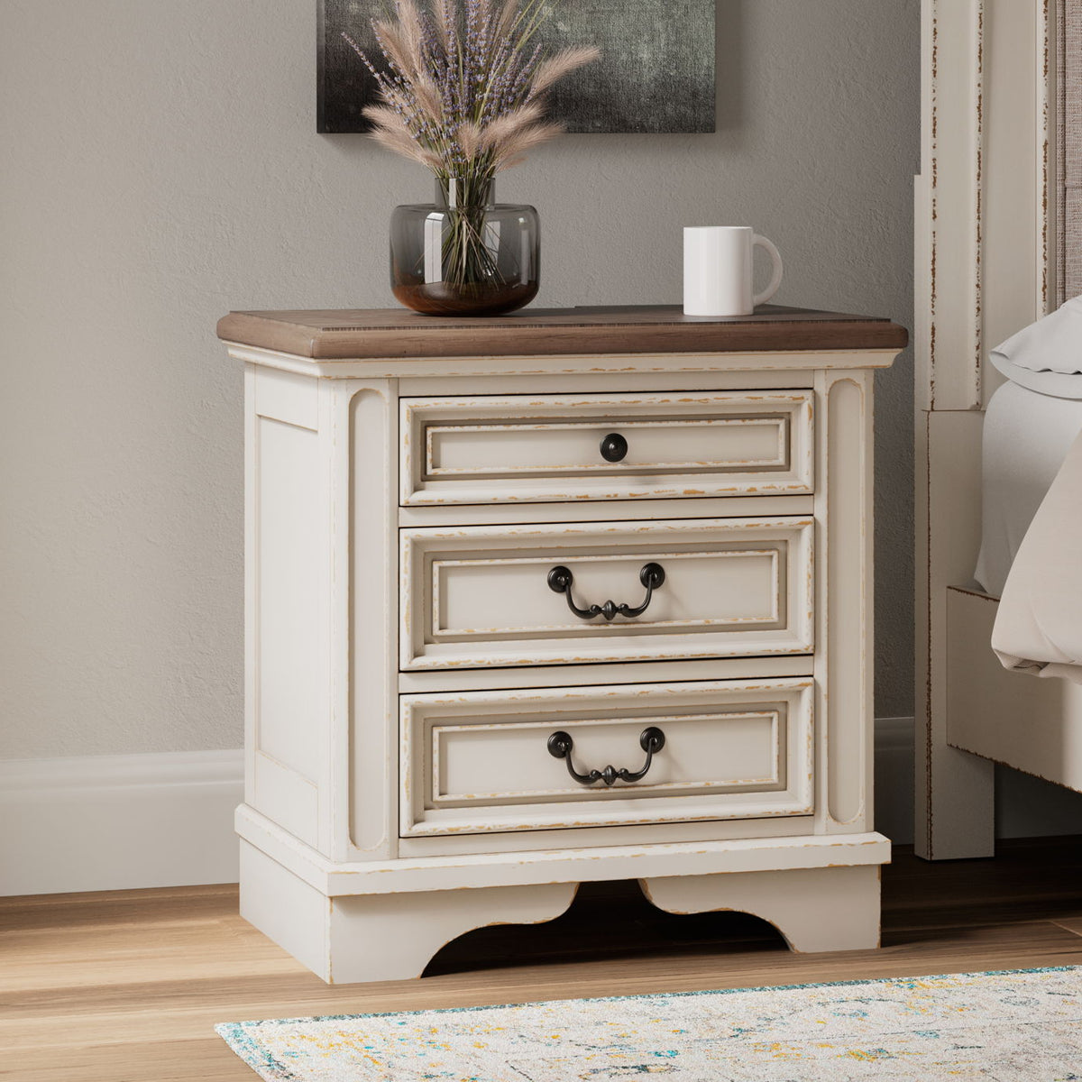Realyn - Three Drawer Night Stand - White / Brown / Beige