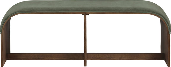 Velvet upholstered bench with dark green seat and dark wood frame, front view