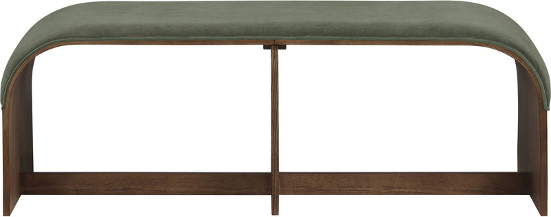 Velvet upholstered bench with dark green seat and dark wood frame, front view