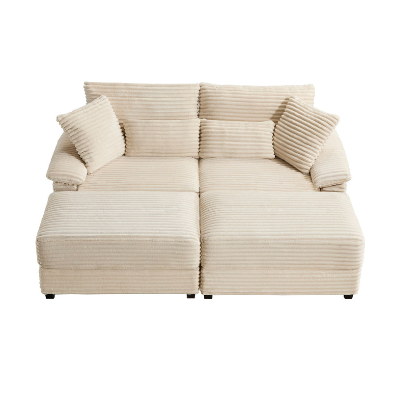 Beige striped double chaise lounge set with three back cushions and two throw pillows