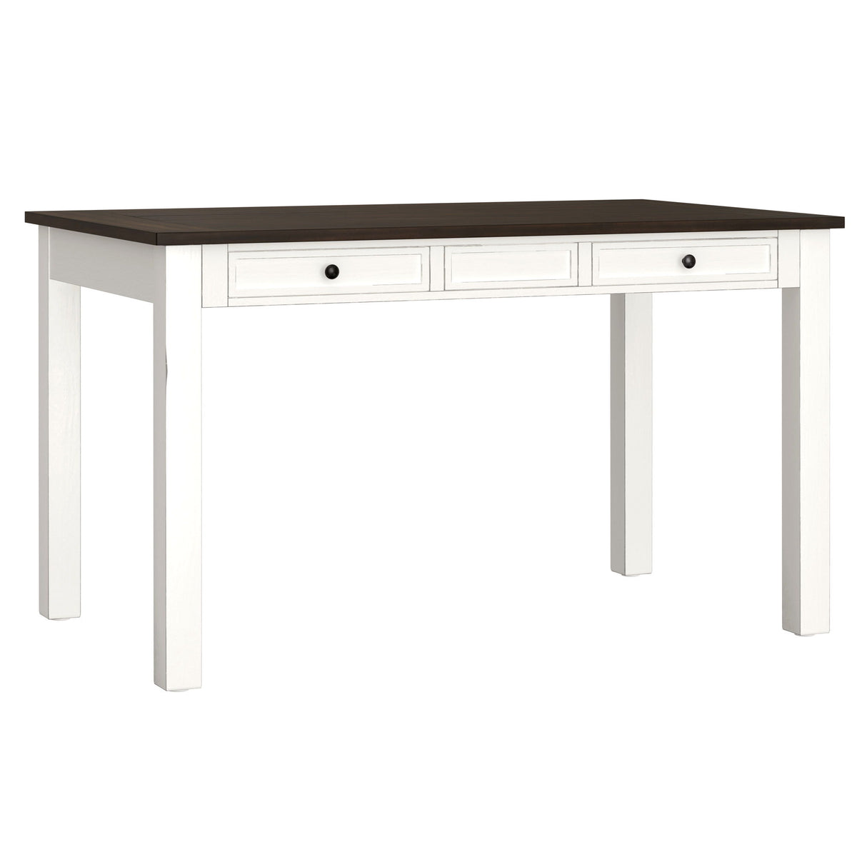 White dining table with dark tabletop and two drawer fronts