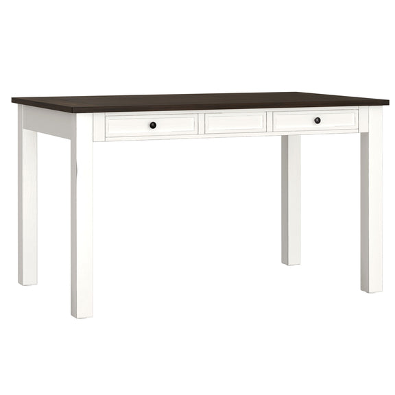 White dining table with dark tabletop and two drawer fronts