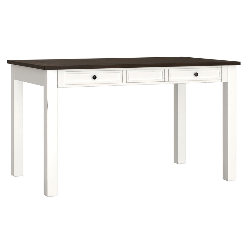 White dining table with dark tabletop and two drawer fronts