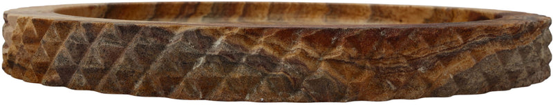 Sandstone round tray side view with textured rim and layered stripe pattern