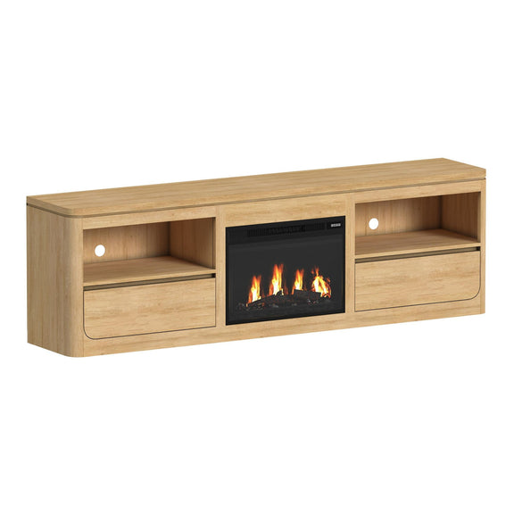 Light wood entertainment console with side shelves and center fireplace insert