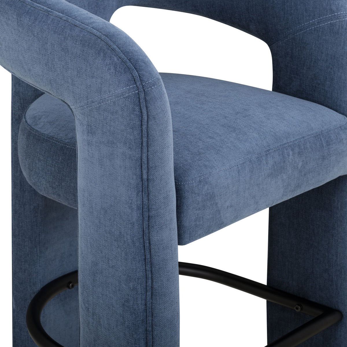 Malone upholstered stool, blue fabric with rounded arms and black footrest bar