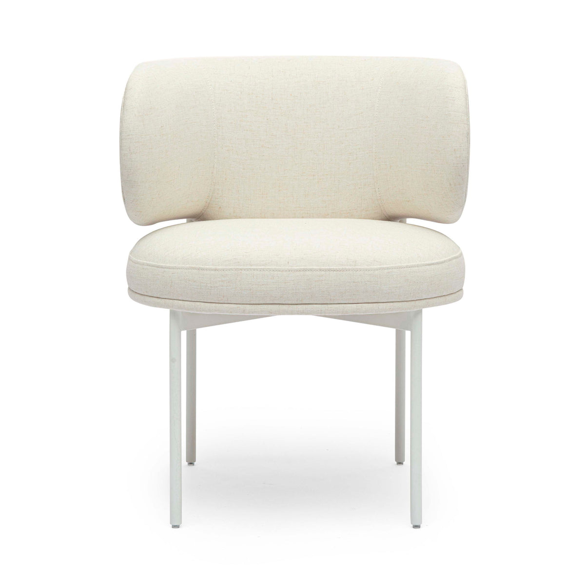 Off-white upholstered dining chair with curved backrest, padded seat, and white legs