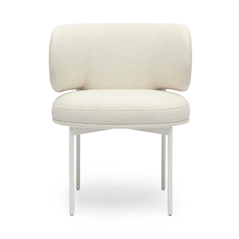 Off-white upholstered dining chair with curved backrest, padded seat, and white legs