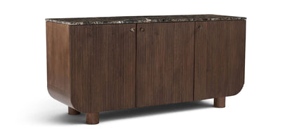 Dark brown mango wood sideboard with 3 doors, vertical ribbed panels, and short legs