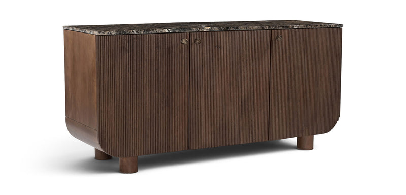 Dark brown mango wood sideboard with 3 doors, vertical ribbed panels, and short legs