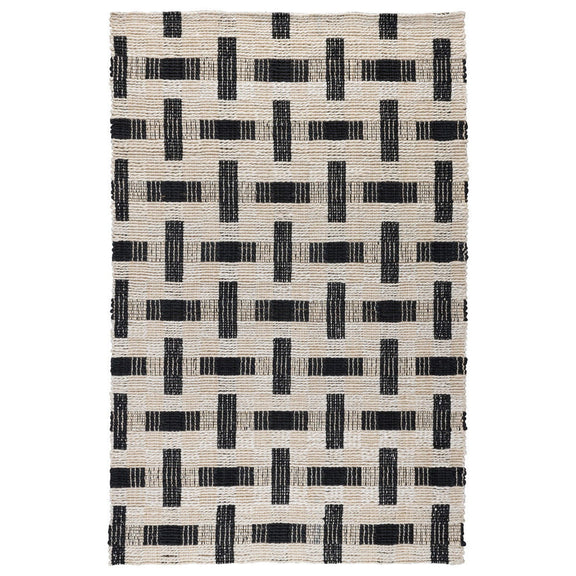 Ivory and black geometric block rug with repeating rectangular pattern, square layout