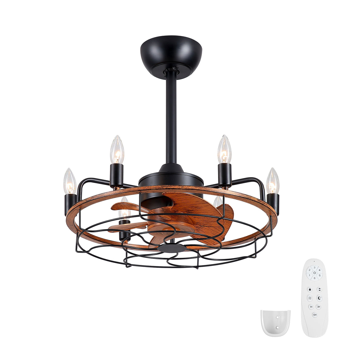 Dark brown ceiling fan with wire cage, 4 candelabra-style bulbs, and included remote controls