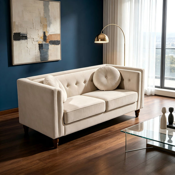 Beige tufted two-seater loveseat with round back bolster pillow and rolled arms