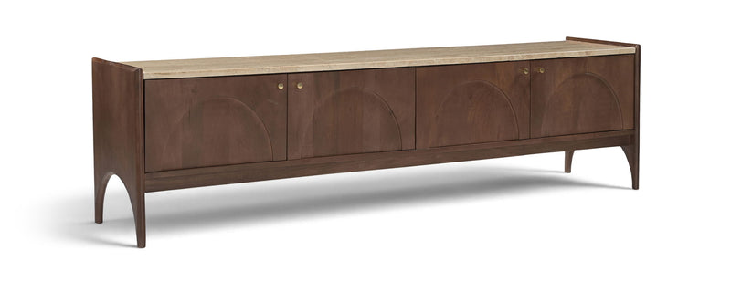 Dark brown mango wood media console with beige marble top and cabinet doors