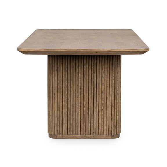 Wood dining table with ribbed column leg detail, dark oak finish, 84 in.