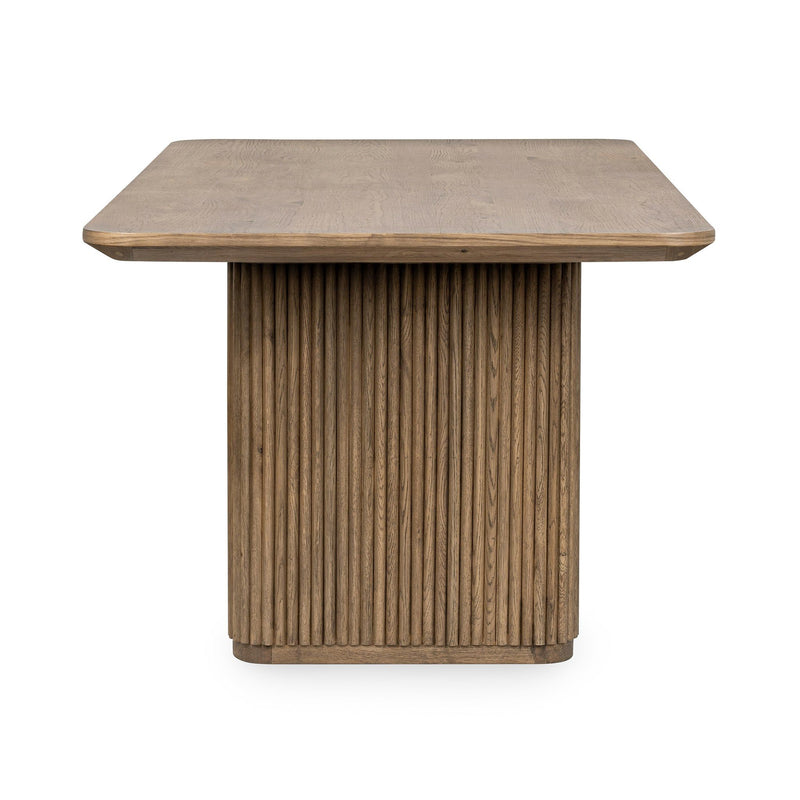 Wood dining table with ribbed column leg detail, dark oak finish, 84 in.