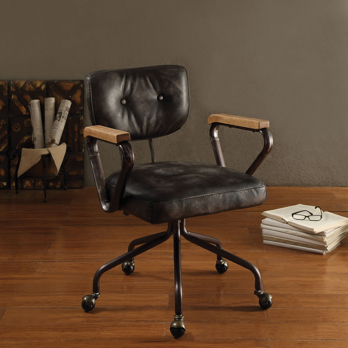 Hallie - Top Grain Leather Office Chair - Vintage Black