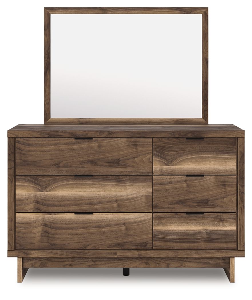 Brown wood dresser with four drawers and square mirror, centered front