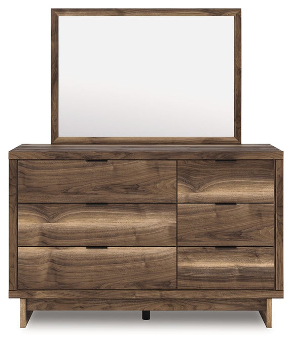 Brown wood dresser with four drawers and square mirror, centered front