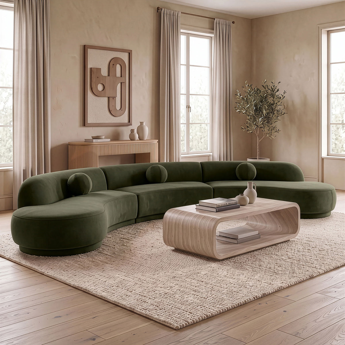 Olive green velvet sectional with rounded chaise and deep cushioned seats