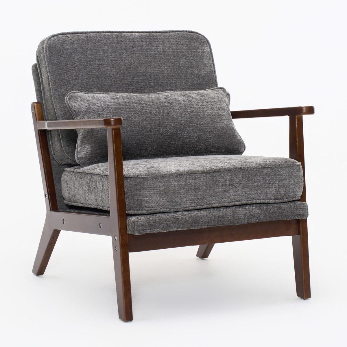 Dark gray upholstered accent chair with matching lumbar pillow and dark wood arms