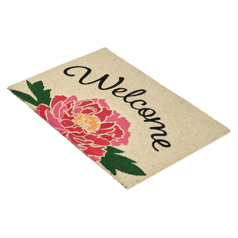 Angled beige peony doormat with black 'Welcome' text and pink flower accents