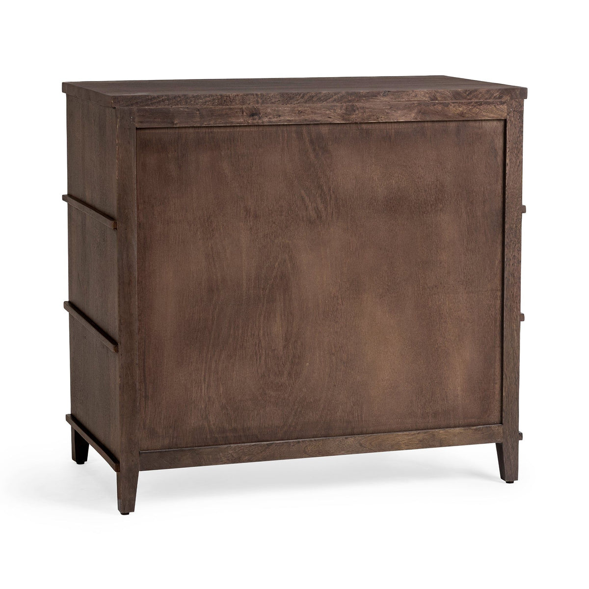 3-drawer chest side panel in Kona brown with stacked frame details and tapered legs