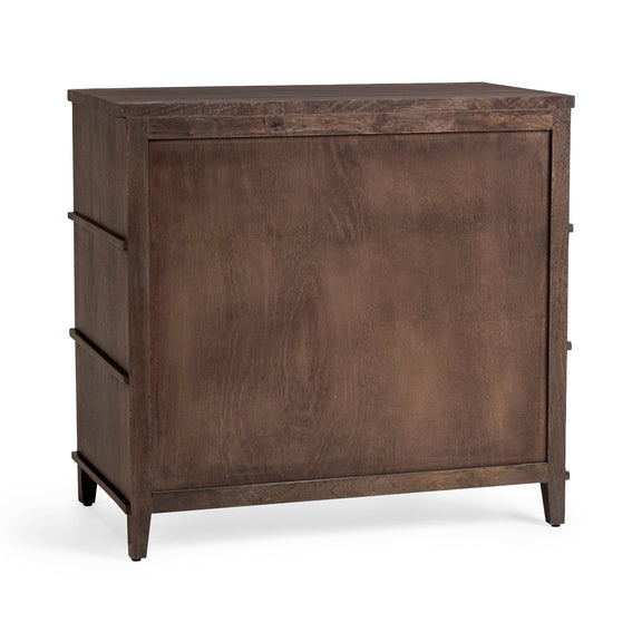 3-drawer chest side panel in Kona brown with stacked frame details and tapered legs