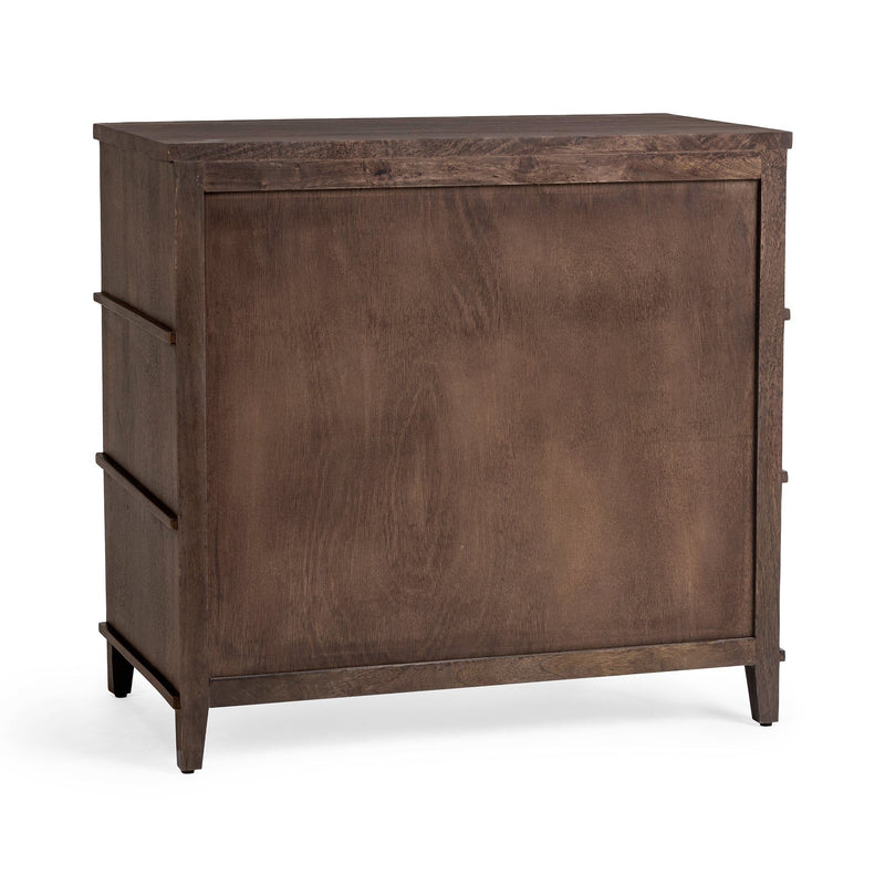 3-drawer chest side panel in Kona brown with stacked frame details and tapered legs