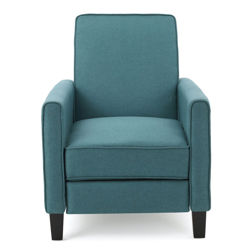 Teal upholstered push-back recliner chair with padded arms and seat