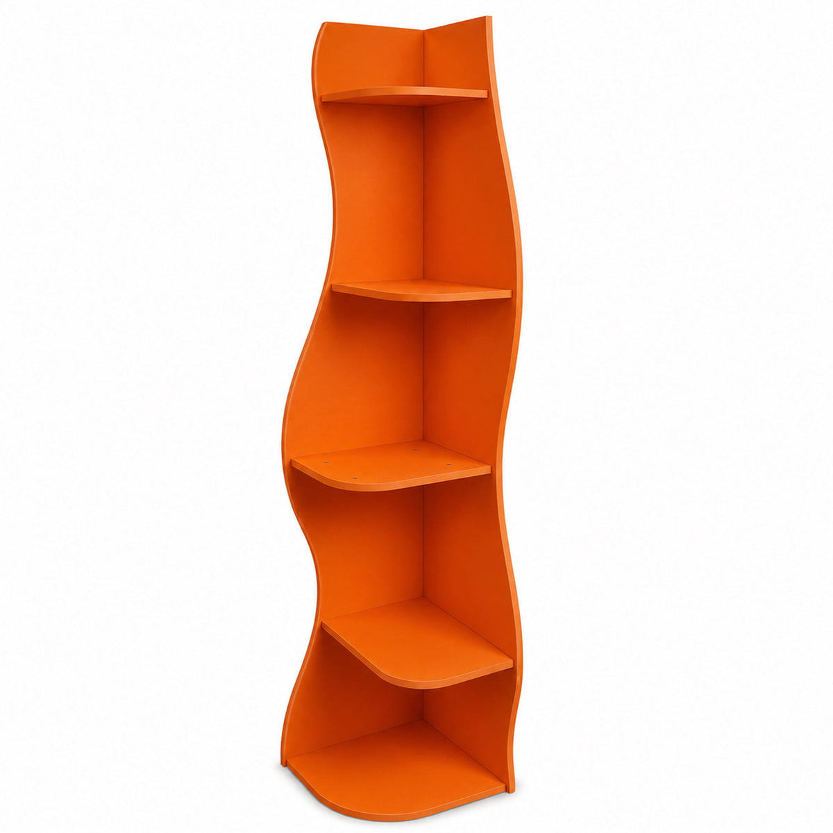 Corner 5-tier shelf in bright orange, curved open cubbies for decor and storage