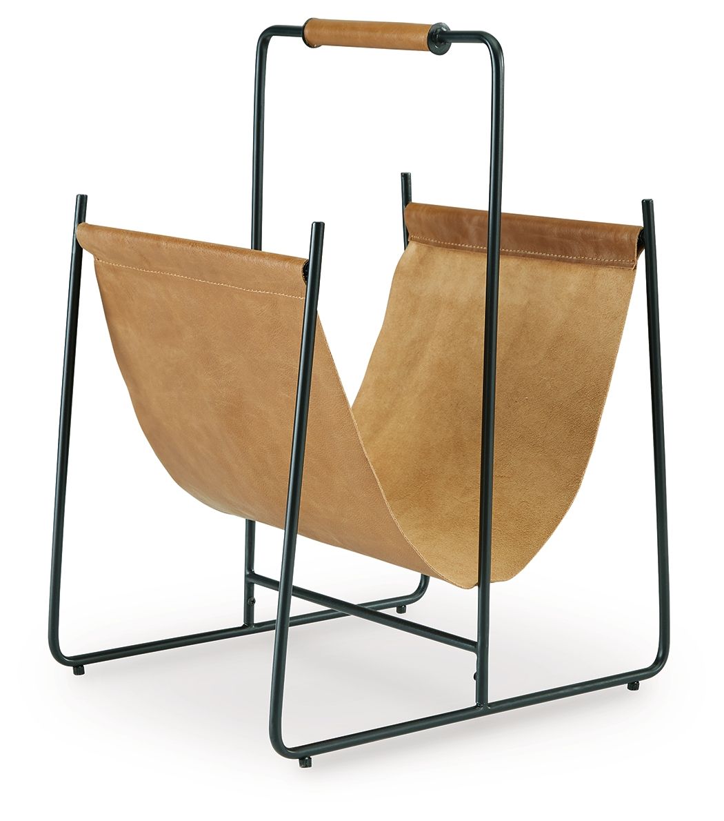 Brown magazine rack with black metal frame and tan front panel