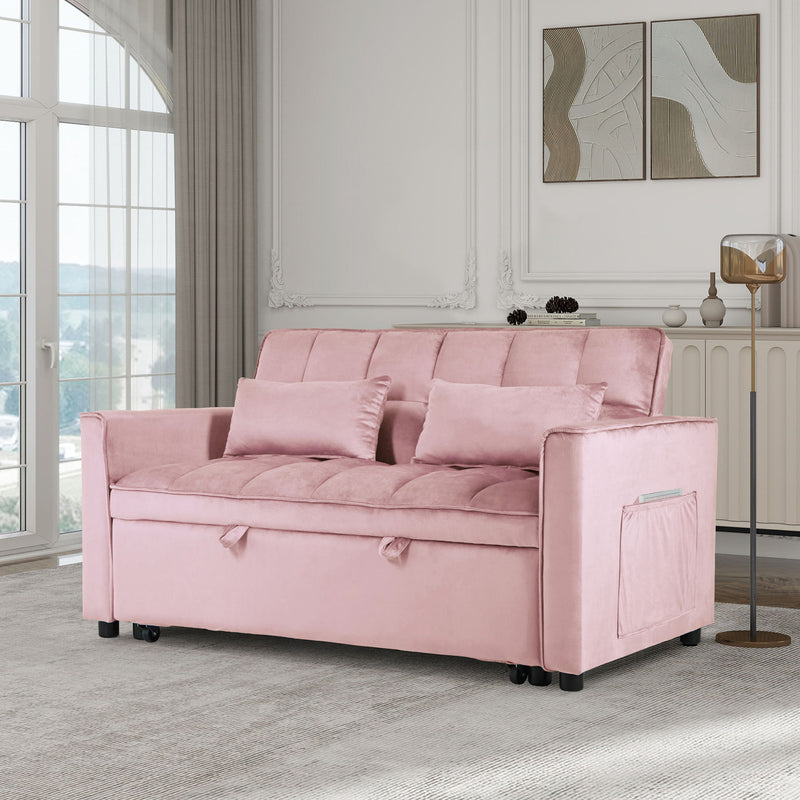 Pink convertible sofa bed with tufted back cushions and pull-out mattress on caster feet